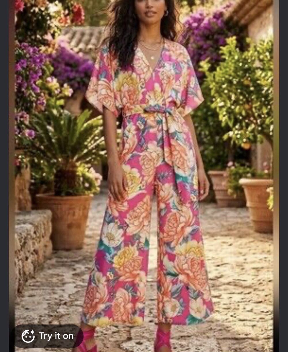 Farm Rio Anthropologie Eulalie pink floral Wide-Leg Jumpsuit size M